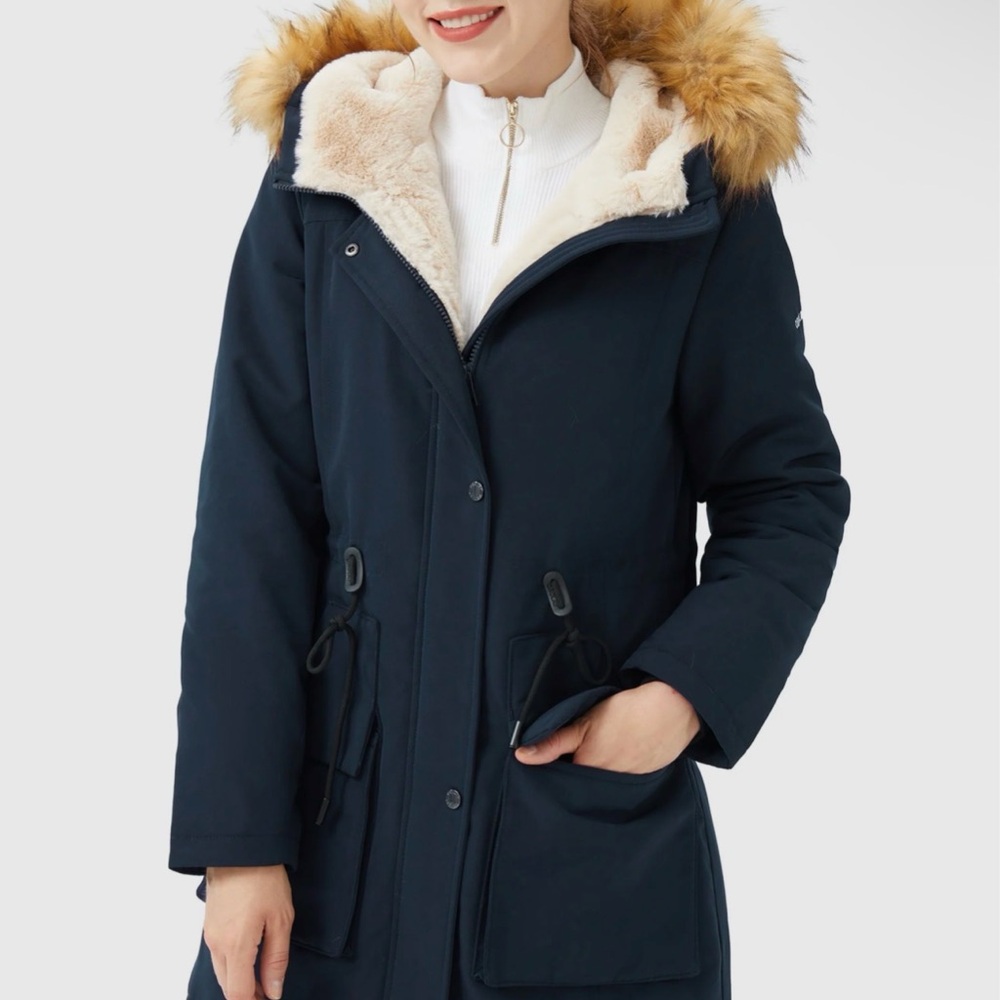 Hollister Dark Blue Puffer Coat with Faux Fur Hood
